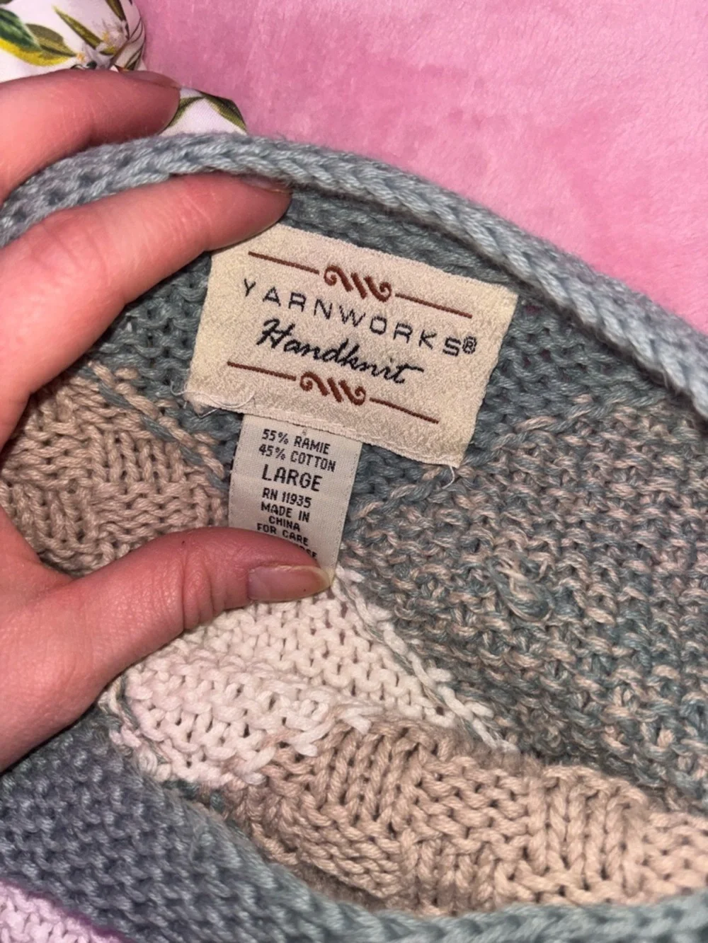 Yarnworks Handknit Patchwork Sweater Large Cotton Ramie Cozy Vintage